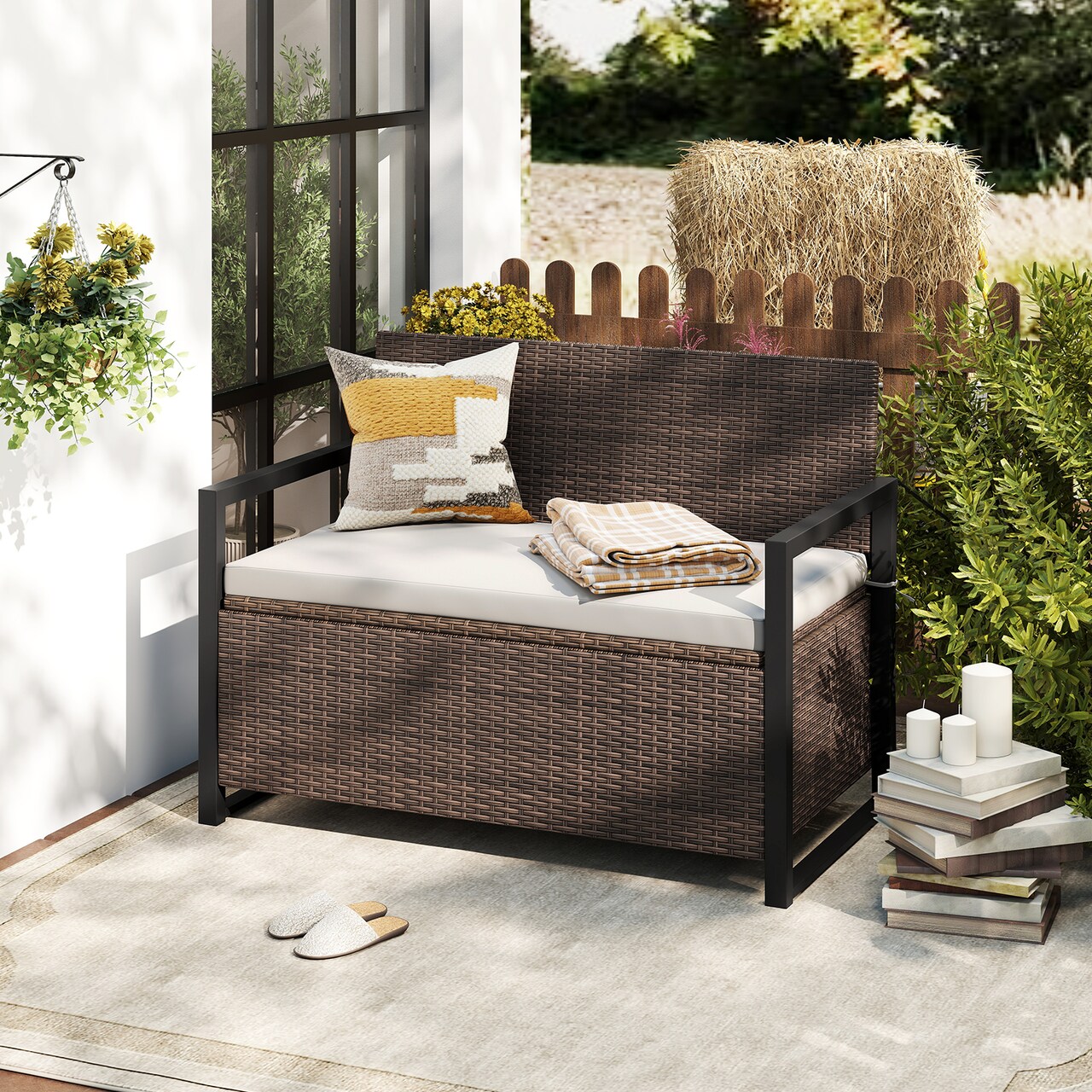 Patio Storage Bench with Cushion and 40 Gallon Under-seat Compartment